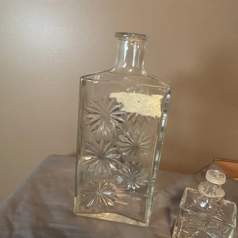 Vintage Square Clear Glass Whiskey Decanter Embossed Flowers(cork Is Gone)